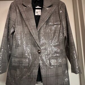 New with Tags sold out Forever 21 Silver Sequin Plaid Blazer.